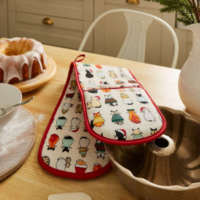 Christmas Cats in Waiting Animal Print  Double Oven Glove