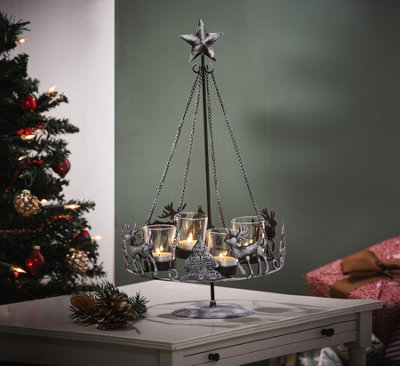Christmas Centrepiece Candleholder - Freestanding Xmas Tree & Reindeer Design Tealight Holder - H47cm x 25cm Diameter