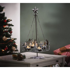Christmas Centrepiece Candleholder - Freestanding Xmas Tree & Reindeer Design Tealight Holder - H47cm x 25cm Diameter