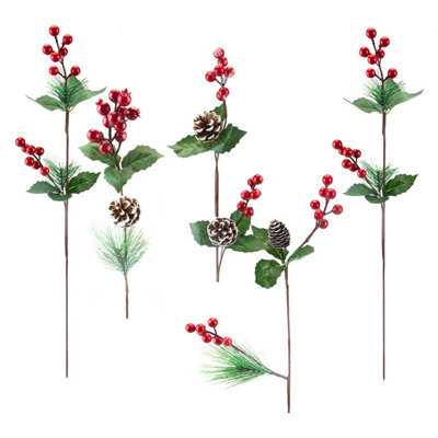 Christmas Cone Berry pick Decoration Varied Design 58cm Red, Green  x 1 Pick