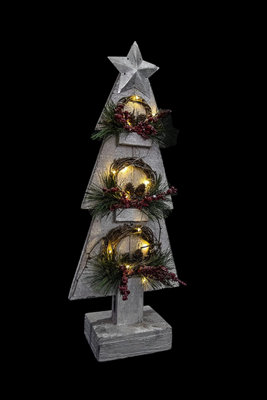 Christmas Decoation Battery Operated Wooden House Grey Tabletop Decorated with Berries, Pines and Small Warm White Bulbs