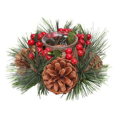 Christmas Decoration Christmas Tabletop Candle Holder Tealight Pine Cone  Berries Xmas Ornament