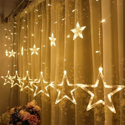 Christmas Decoration Curtain Lights String Xmas Party Window Plug in 12 Star - Warm White