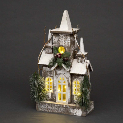 Christmas Decoration Gift Battery Operated Wooden House Tabletop Decorated with Berries, Pines and Small Warm White Bulbs