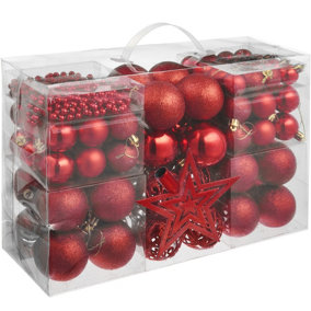 Christmas Decoration Set in Red - 84 baubles, string of beads & star topper  - red