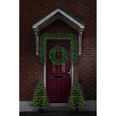 Christmas Door Porch Decoration Set Pre Lit Cashmere Wreath Garland Trees on Timer