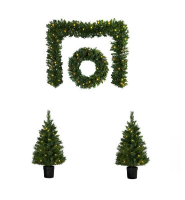 Christmas Door Porch Decoration Set Pre Lit Pine Wreath Garland & Trees on Timer