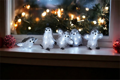 Christmas Festive Set of 5 Acrylic Outdoor & Indoor Penguins Battery Operated With 8 Led's and On/off Timer - 4