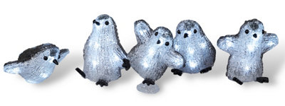 Christmas Festive Set of 5 Acrylic Outdoor & Indoor Penguins Battery Operated With 8 Led's and On/off Timer - 5