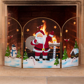 Christmas Fireguard Decoration Xmas Fireplace Screen Fire Guard 3 Panel Folding 49cm Santa