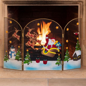 Christmas Fireguard Decoration Xmas Fireplace Screen Fire Guard 3 Panel Folding 49cm Sleigh