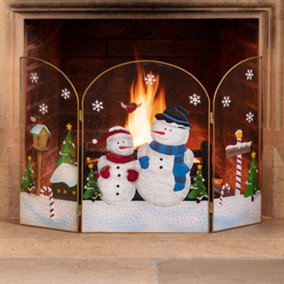 Christmas Fireguard Decoration Xmas Fireplace Screen Fire Guard 3 Panel Folding 49cm Snowman