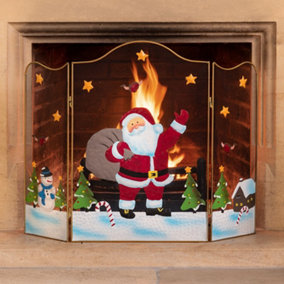 Christmas Fireguard Decoration Xmas Fireplace Screen Fire Guard 3 Panel Folding 61cm Santa
