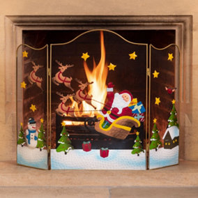 Christmas Fireguard Decoration Xmas Fireplace Screen Fire Guard 3 Panel Folding 61cm Sleigh