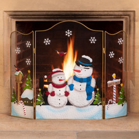 Christmas Fireguard Decoration Xmas Fireplace Screen Fire Guard 3 Panel Folding 61cm Snowman