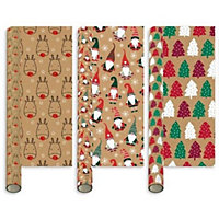Christmas Gift Wrapping Paper 3 x 2M Rolls Kraft Gonk Tree Reindeer
