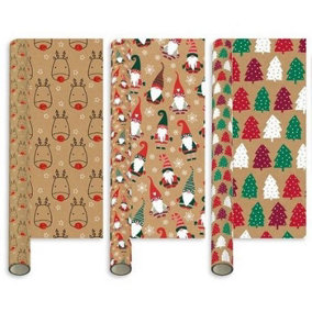 Christmas Gift Wrapping Paper 3 x 2M Rolls Kraft Gonk Tree Reindeer