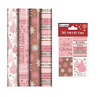 Christmas Gift Wrapping Paper 4 x 8M Rolls And Gift Tags Rose Gold Blush Pink