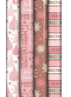 8 Rolls Luxury Christmas Wrapping Paper - 4 Pink & Rose Gold + 4 Tartan Kraft - 8m Each