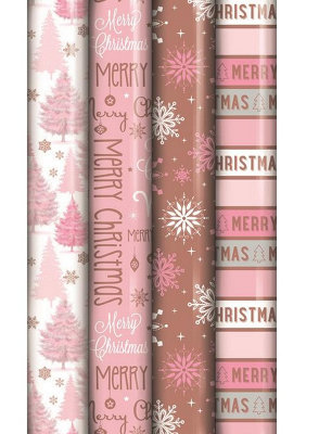 Christmas Gift Wrapping Paper 4 x 8M Rolls And Gift Tags Rose Gold Blush Pink