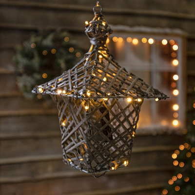 Christmas Grey Weave 35cm Hanging Lantern with 40 White-Warm White Twinkling LED Lights