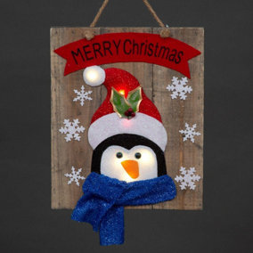 Christmas Home Decoration Battery Operated Novelty Penguin Wooden Frame Wall Decoration with 6 Small Warm White Bulbs