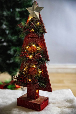 Christmas Home Decoration Battery Operated Red Tree Tabletop Decorated with Berries, Pines and Small Warm White Bulbs