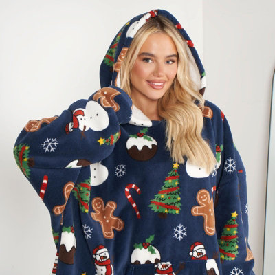 Christmas Hoodie Blanket Oversized Fleece Hooded Sweatshirt Jumper Throw Sherpa