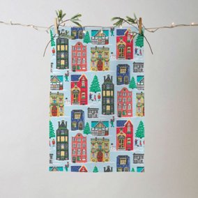 Christmas Houses Festive Graphic Print 100% Cotton Tea Towel