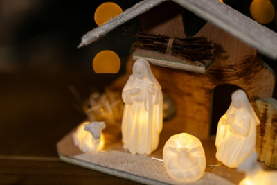 Barydat Christmas Nativity Stable And 3 Figures With LED Light, 12.5'' Manger For Nativity Scene, Village Resin Nativity Creche Stable For Christmas Decor Gift