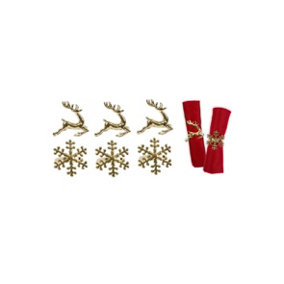 Christmas Napkin Rings 6 Gold Serviette Holder Ring Reindeer & Snowflake