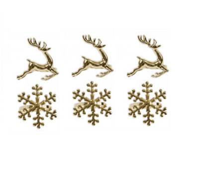 Christmas Napkin Rings 6 Gold Serviette Holder Ring Reindeer & Snowflake