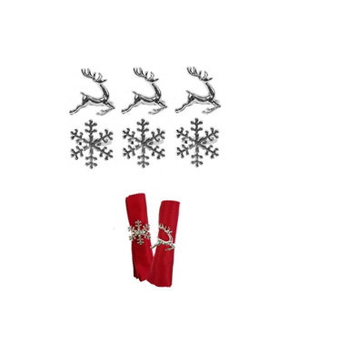 Christmas Napkin Rings 6 Silver Serviette Holder Ring Reindeer & Snowflake