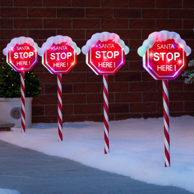 Christmas Pathway Lights Flashing Santa Stop Here Sign Battery Operated