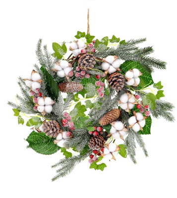 Christmas Pre Wreath Decorations Real Cotton Boll, Red Berries, Pine Cones with Various Tips Large 55cm Natural Hand Price Comparisons | Compare The Build