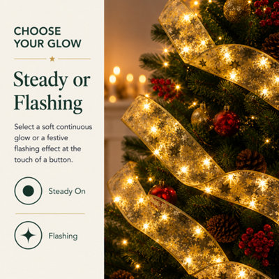 Christmas Ribbon Lights, Battery Operated LED Tree Ribbon, 5m Gold Ribbon
