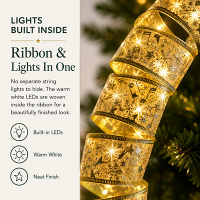 Christmas Ribbon Lights, Battery Operated LED Tree Ribbon, 5m Gold Ribbon