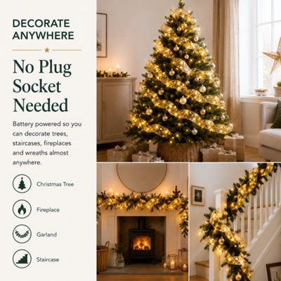 Christmas Ribbon Lights, Battery Operated LED Tree Ribbon, 5m Gold Ribbon