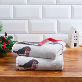 Christmas Robin Festive 100% Cotton Jacquard Hand Towels (Twin Pack)