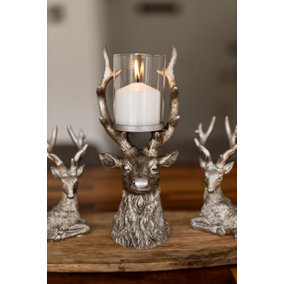 Christmas Silver Stag Glass Pillar Candle Holder