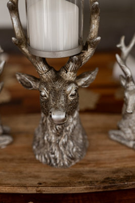 Christmas Silver Stag Glass Pillar Candle Holder - 4