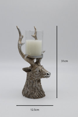 Christmas Silver Stag Glass Pillar Candle Holder - 6