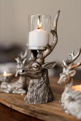 Christmas Silver Stag Glass Pillar Candle Holder - 7