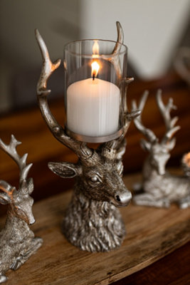 Christmas Silver Stag Glass Pillar Candle Holder - 8