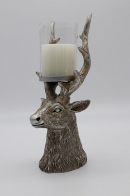 Christmas Silver Stag Glass Pillar Candle Holder - 9