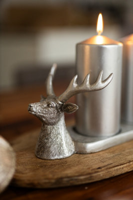 Christmas Silver Stag Pillar Candle Holder - 3