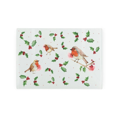 Christmas Small Glass Worktop Saver - Robins Xmas Gift Kitchen Chopping Board