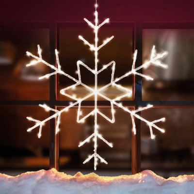 Christmas Snowflake Large 60cm Window Wall Decoration 125 Warm White LED Lights Battery Operated Timer Indoor Outdoor