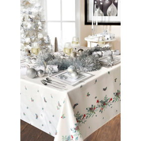 Christmas Story Robin Border Decorative Table Cloth 52 x 90" (132 x  229cm) Cream. Perfect For Christmas