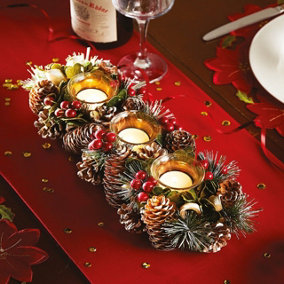 Christmas Table Candle Holder Decoration - Artificial Holly, Berry & Frosted Pinecone Festive Xmas Wreath with 3 Tealight Holders